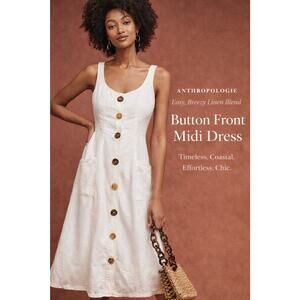 Anthropologie Cream button Front Midi Dress Linen Blend 10P Summer Euro Vacation